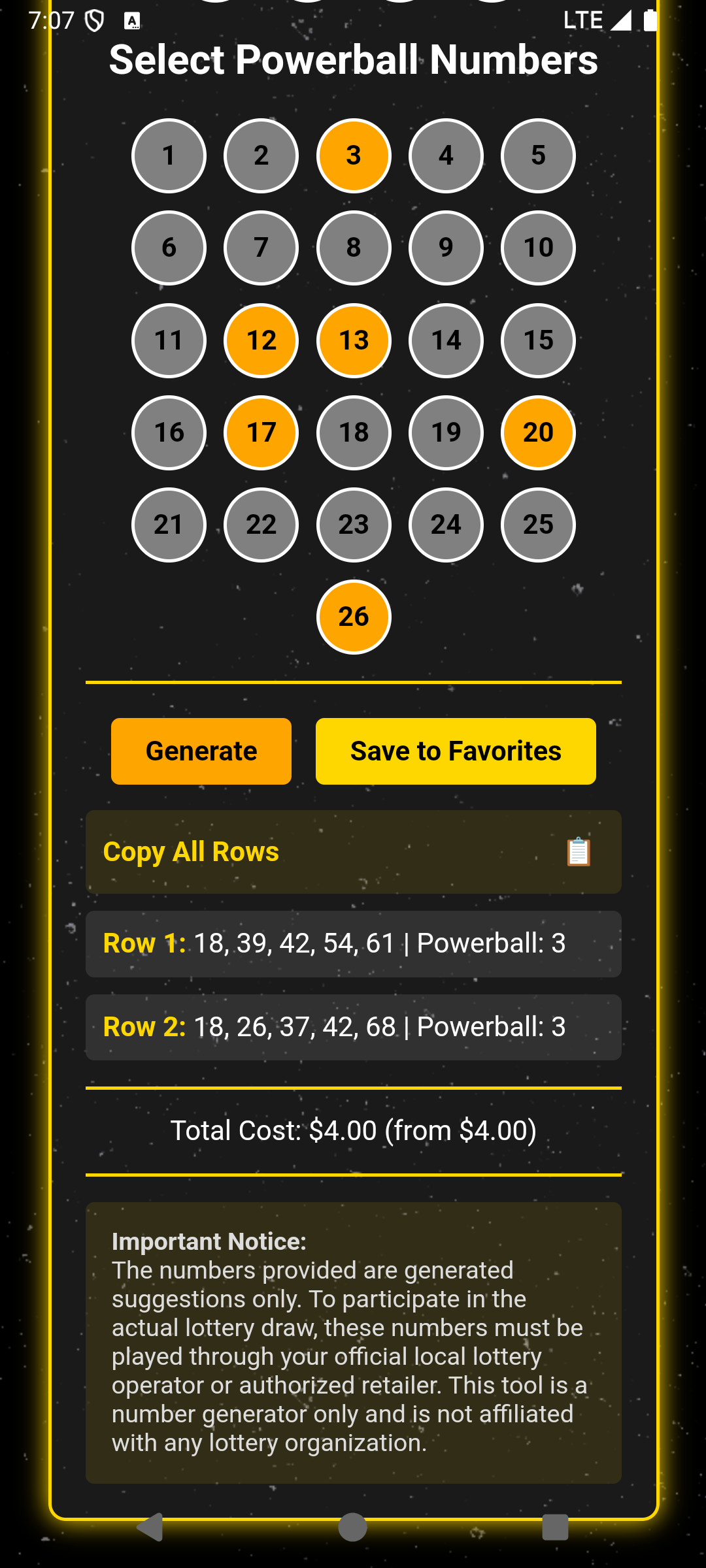 Lotto Genius Generated Numbers